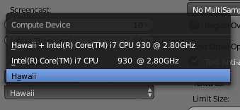 Blender Compute Device selection window, with the dropdown showing Hawaii as a potential compute device.