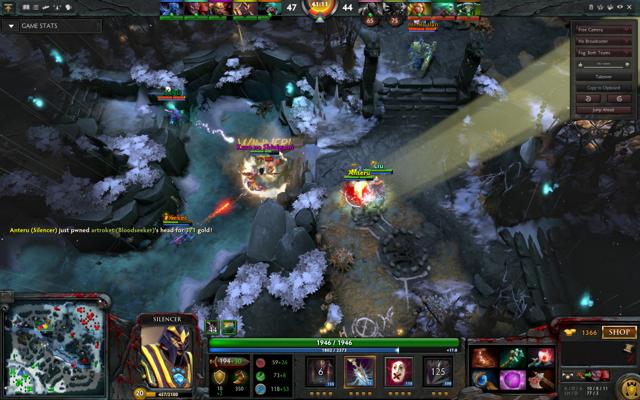 A screenshot from DOTA 2 with Silencer just pwning a Bloodskeer.