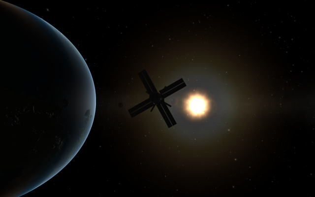 Partial space station in orbit around Kerbal, against the sun
