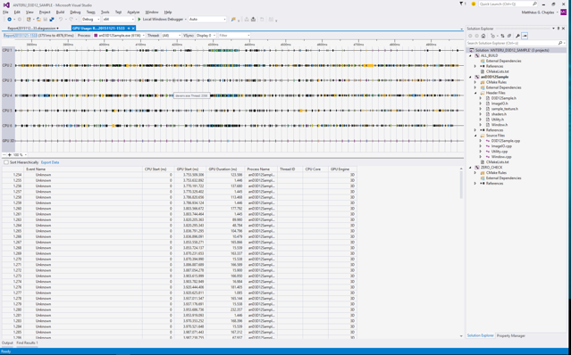 Visual Studio profiling window, showing events along multiple timelines.