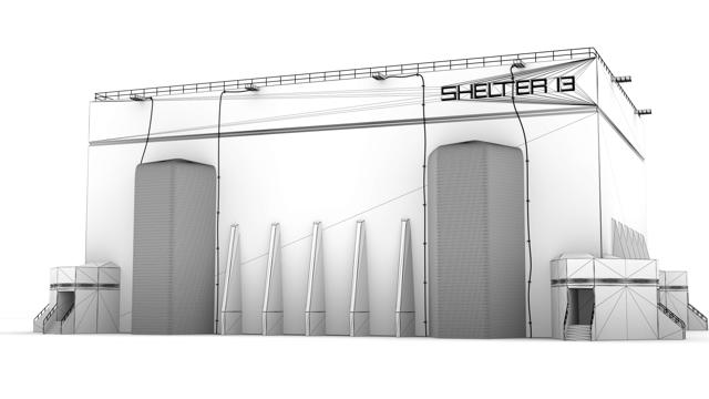 The Shelter 13 building rendered ith ambient occlusion, showing it in false colors to illustrate the geometry
