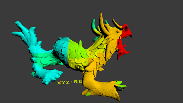 Image of a dragon mesh with an increasingly coarse representation from right to left.