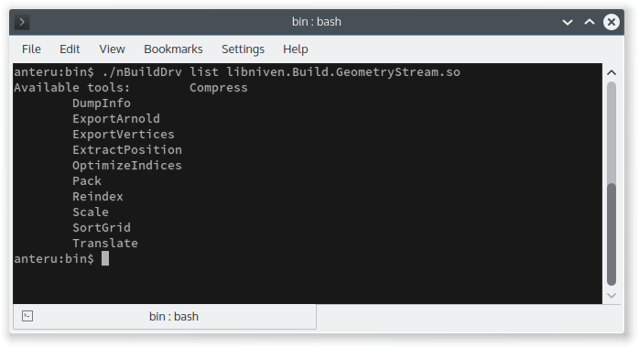 Command line showing all available build tools from a simple list command.